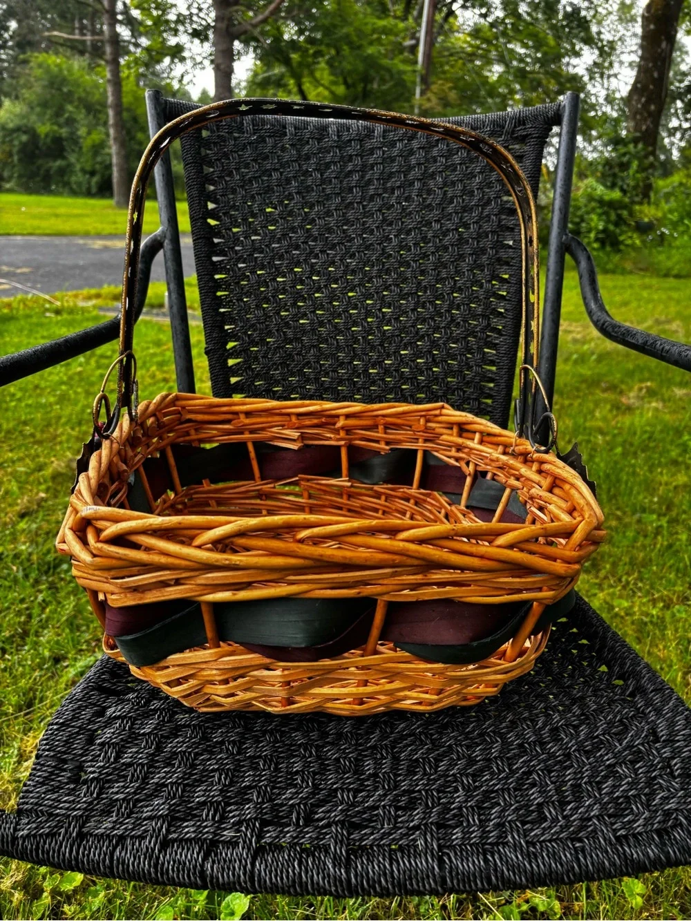 Rustic Wicker Basket with Black Handle and Berry Accents holiday Christmas